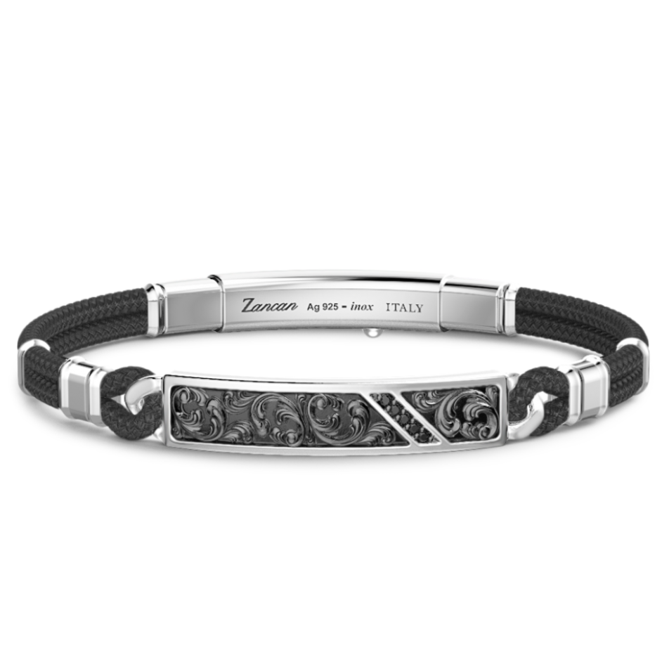 Pulsera de plata 925, kevlar (cuerda) y espinela negra. Marca italina, Zancan. Broche ajustable a 3 tamaños: 19 cm, 20 cm y 21 cm.