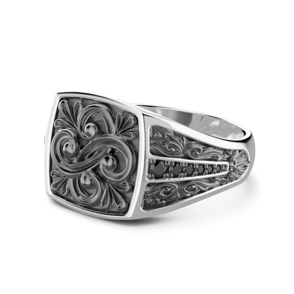 Anillo para hombre de plata 925 con sello ornamentado y detalles de espinelas negras. Talla 25. Marca Italiana, Zancan