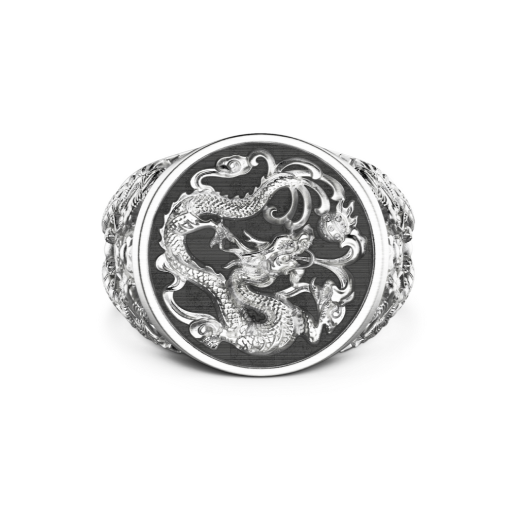 Anillo para hombre de plata 925 con sello de dragón. Talla 25. Marca Italiana, Zancan