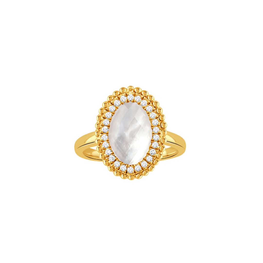 Anillo Oval Madre Perla - 13 / Oro amarillo 18K, madre perla, topacio, diamantes / Dorado, blanco nacarado, transparente