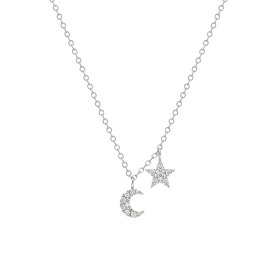 Collar Luna y Estrella - 45 CM / Oro blanco 14K, diamantes / Plateado, blanco/transparente