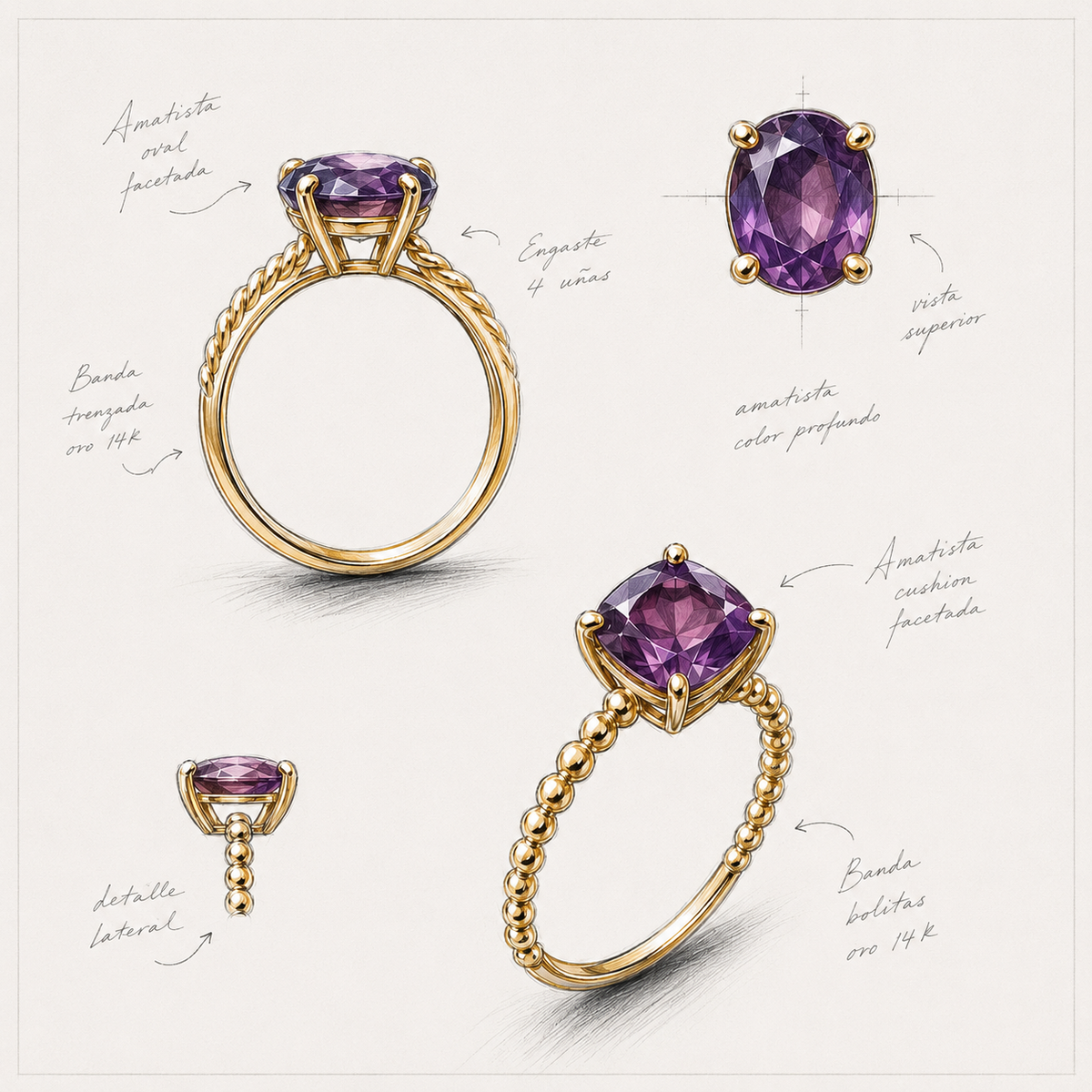diseño de anillo de oro amarillo y amatista
